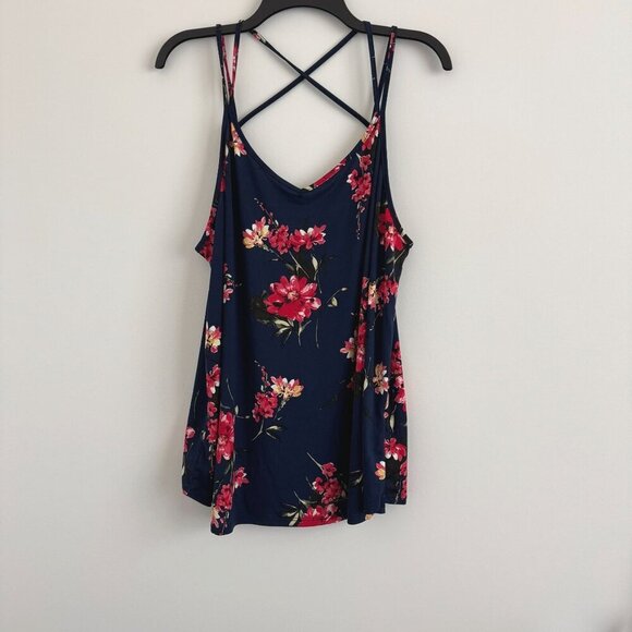 Papermoon Women Navy Floral Crisscross Back Sleeveless Tank Top Size 2X - Picture 2 of 6